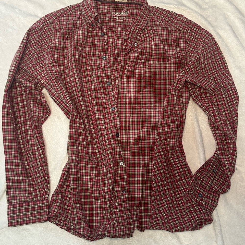2007 Old Navy Men's XL Fitted Plaid Shirt Red Beige Navy Long Sleeve Button-Down